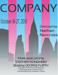 there is a poster for a musical company with a city skyline in the background