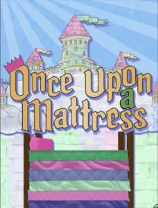 there is a cartoon picture of a bed with a castle in the background