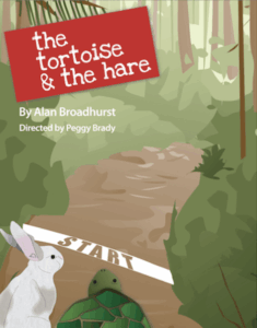 there is a poster of a rabbit and a turtle in the woods